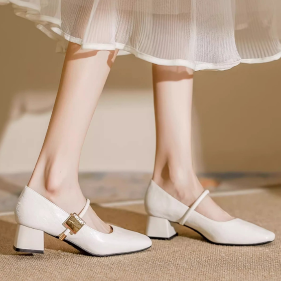 Zapatos de tacón grueso de cuero suave vintage para mujer