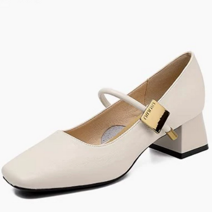 Zapatos de tacón grueso de cuero suave vintage para mujer